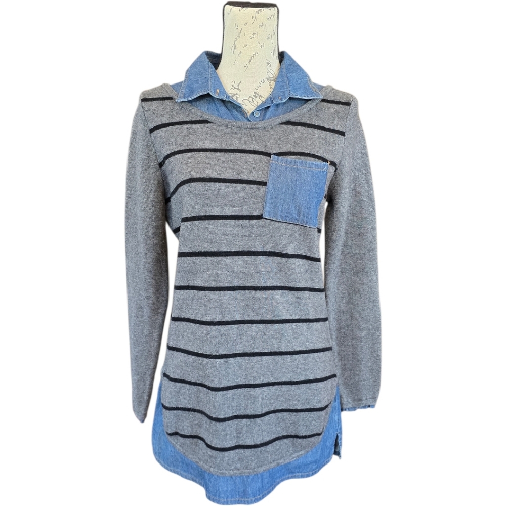 Caswell Massey Grey Black Stripe Cashmere Wool Long Sleeve Sweater Tunic M